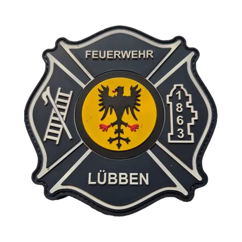 Rubber-Patch einer Feuerwehr in Kreuzform mit Stadtwappen