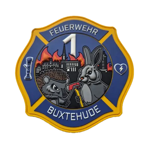 Rubber-Patch einer Feuerwehr mit Cartoon-Maskottchen