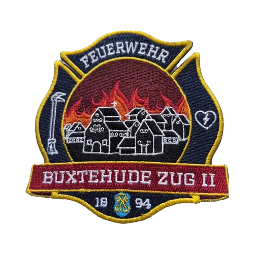 Gestickter Feuerwehr-Aufnäher in Kreuzform mit Altstadt-Motiv