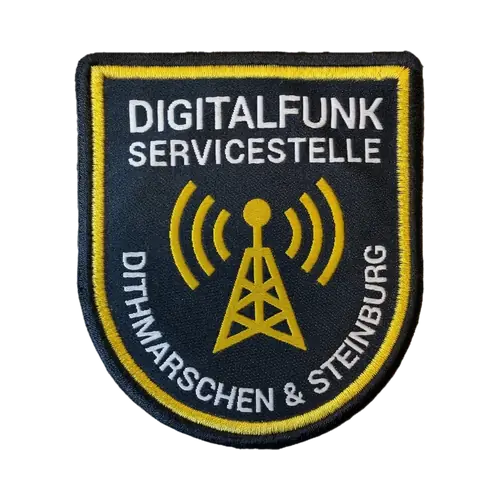 Gestickter Aufnäher einer Digitalfunk-Servicestelle mit Funkmast