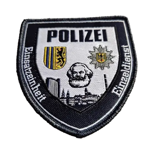 Gestickter Wappen-Aufnäher einer Polizei-Einsatzeinheit mit Stadtmotiv