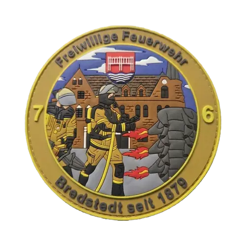 Runder Rubber-Patch einer Freiwilligen Feuerwehr mit Löschangriff