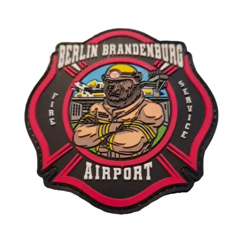 Rubber-Patch einer Flughafenfeuerwehr mit Bären-Maskottchen