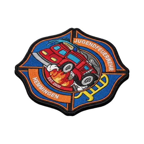 Gestickter Aufnäher einer Jugendfeuerwehr mit Comic-Löschfahrzeug