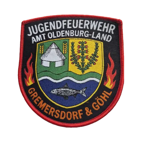 Gewebter Aufnäher einer Jugendfeuerwehr mit Ortswappen