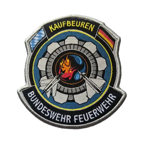 Gewebter Patch einer Werkfeuerwehr mit Zahnrad-Emblem