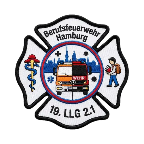 Gestickter Lehrgangs-Patch einer Berufsfeuerwehr in Kreuzform