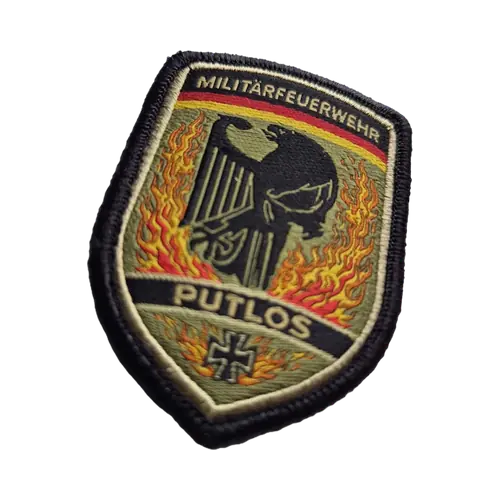 Gewebter Aufnäher einer Militärfeuerwehr mit Flammen-Motiv
